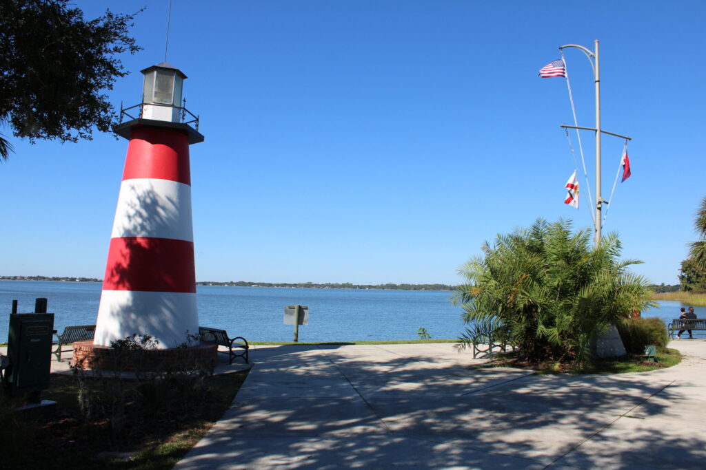 The Mount Dora Lighthouse at Grantham Point, the only inland freshwater lighthouse in Florida, overlooking Lake Dora.