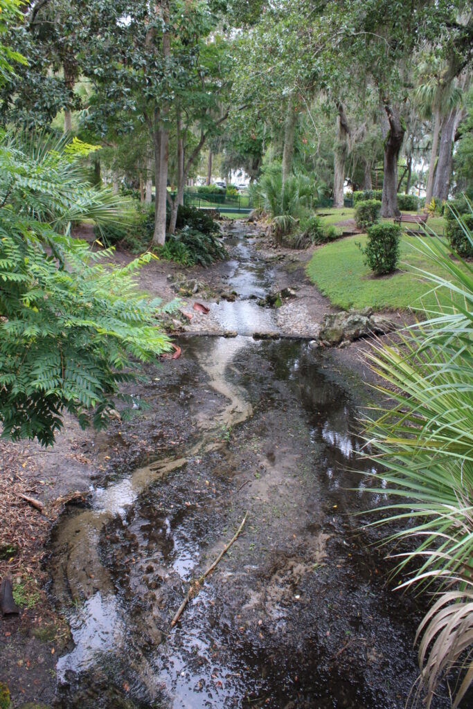 Small, flowing stream and wooded area near a bridge in Gilbert Park, Mount Dora, Florida.